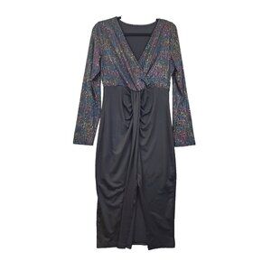 Shein Womens L Black Star Print V-Neck Long Sleeve Ruched Maxi Dress